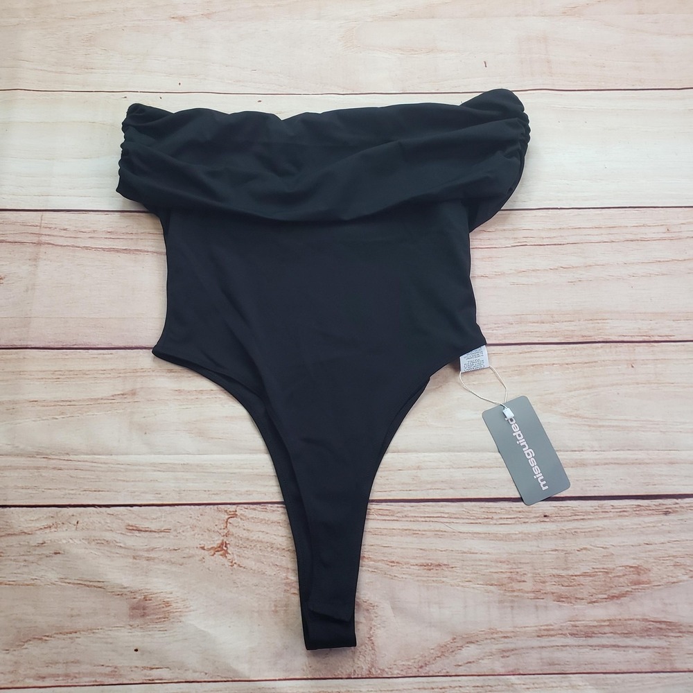 Missguided One Piece Womens M Black Bandeau Thong High Cut‎ Ruffle Lined Stretch